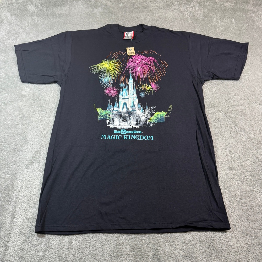 Vintage Disney Magic Kingdom T Shirt Mens Large Black Fireworks Castle Deadstock